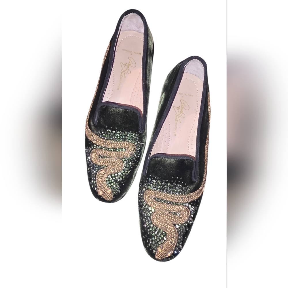 Donald And Lisa Signature Green Velevet Snake Loafers